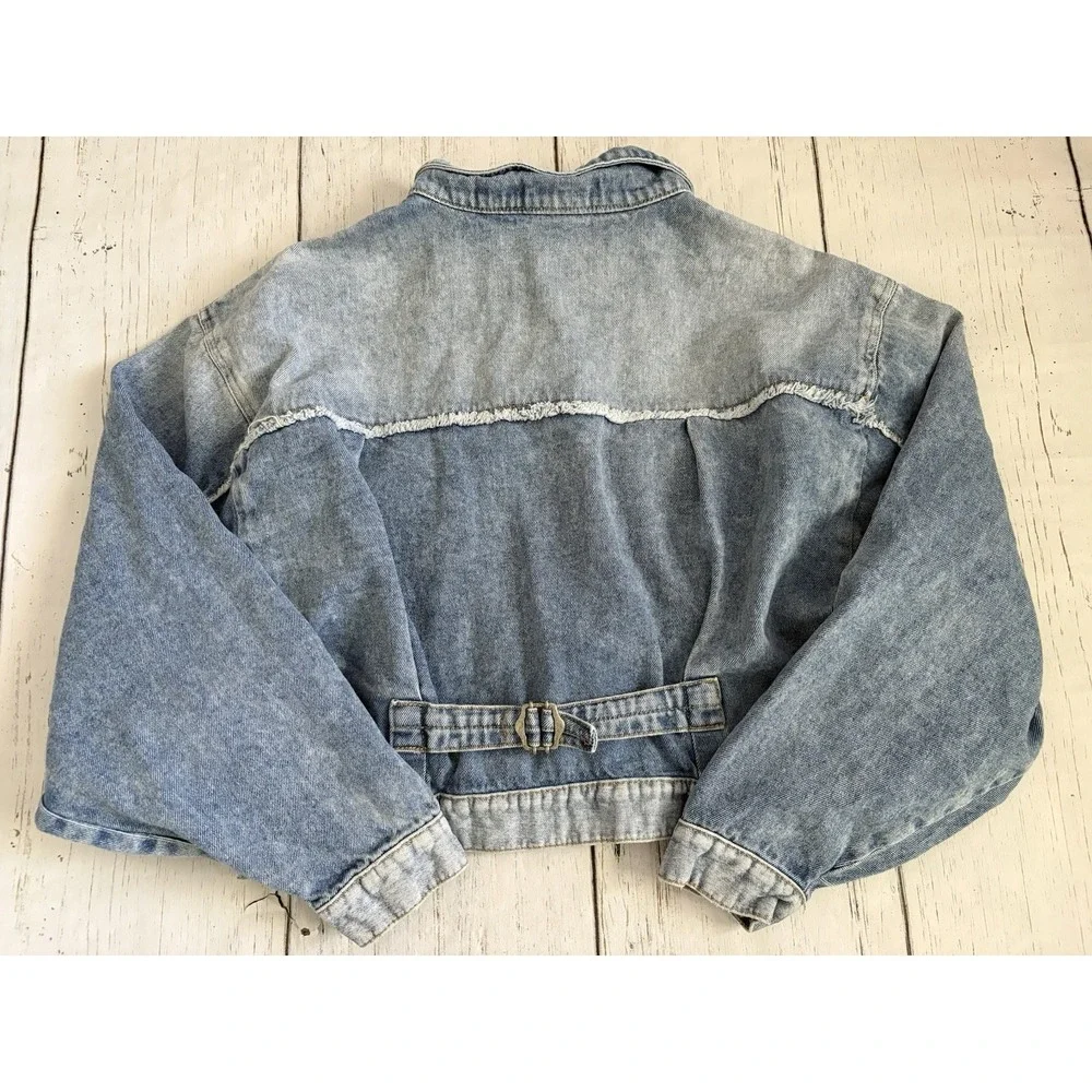 Free People Bedford Distressed Blue Denim Cropped Jean Jacket Women size M - Picture 9 of 11